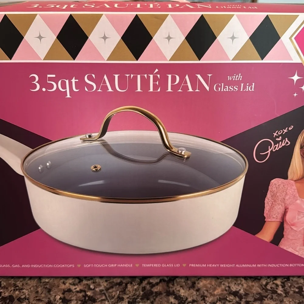 Paris Hilton White and Gold Sauté Pan with Glass Lid NEW